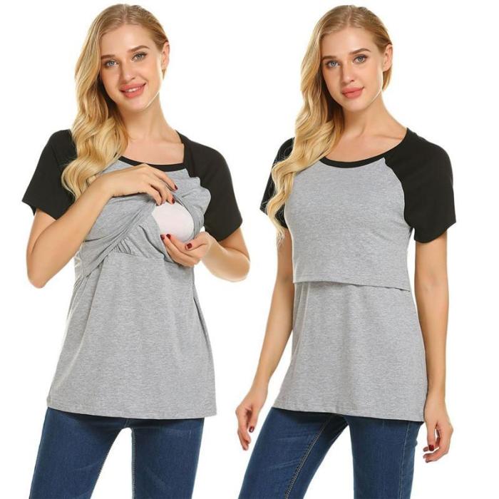 Color Matching Pregnant Women's Short Sleeve Top Round Neck Nursing Clothes