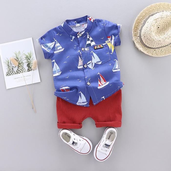Boy's new summer stand collar sailboat short sleeve shirt solid color shorts two piece set
