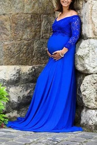 Maternity Elegant Lace Boat Neck Cotton Maxi Dress