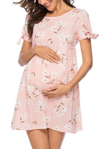 Maternity Round Collar Short Sleeve A-Line Dress