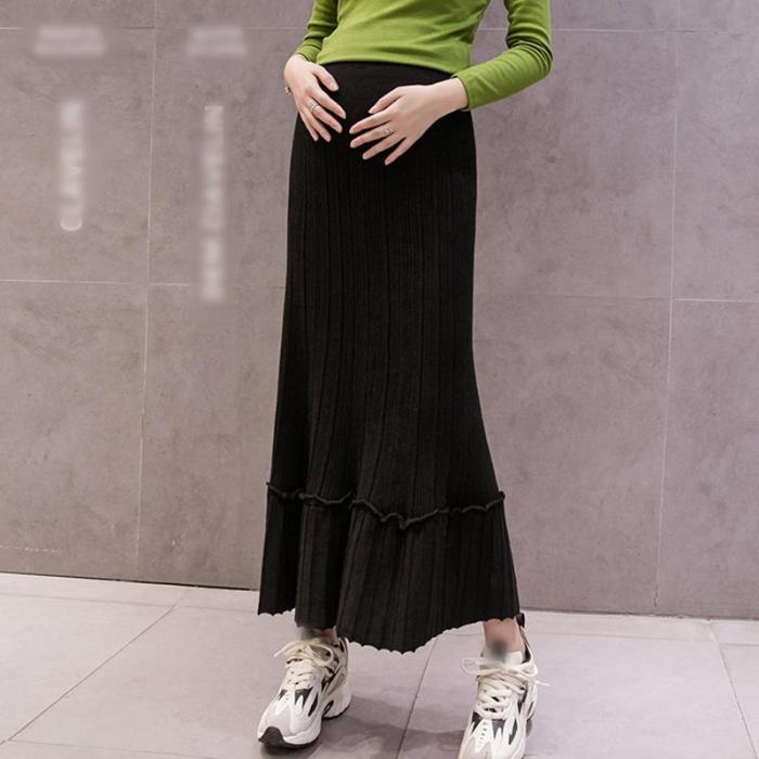 Maternity solid color ruffled stitching knit skirt