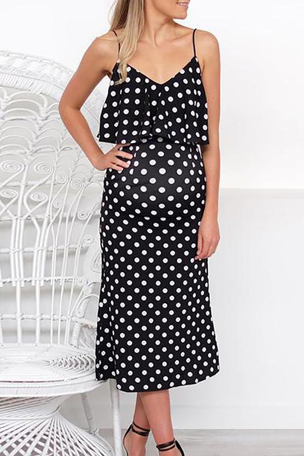 Maternity Casual V Neck Sleeveless Polka Dot Off-Shoulder Dress