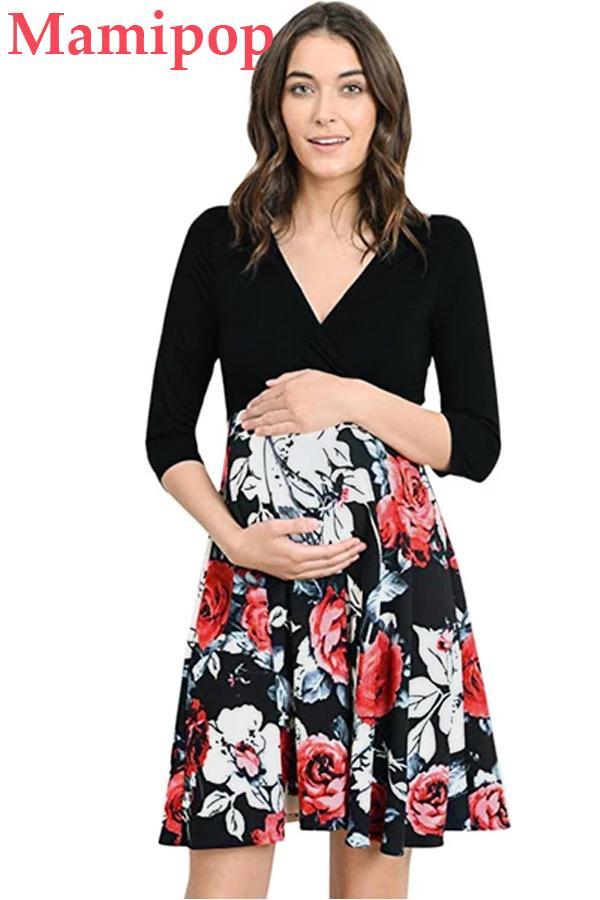 Ladies Maternity Half Sleeve Floral Print Patchwork V Neck Mini Dress