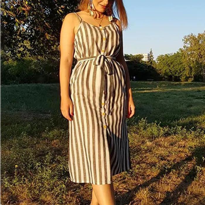 Maternity Spaghetti Strap Stripe Tie Casual Dress
