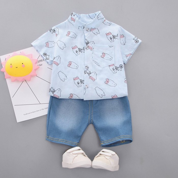 Baby Boy Short Sleeve Bear Pattern Shirt Tops Denim Pants Set