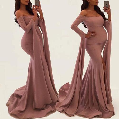 Maternity Solid Color Off Shoulder Long Sleeve  Gown