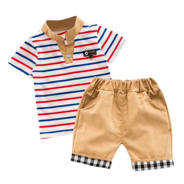Summer Boy Gentleman Stripe Short Sleeve Tops T-Shirt Plaid Shorts