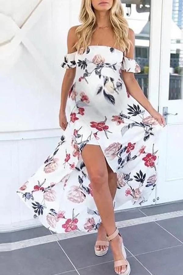 Maternity Boat Neck Printed Color Dress