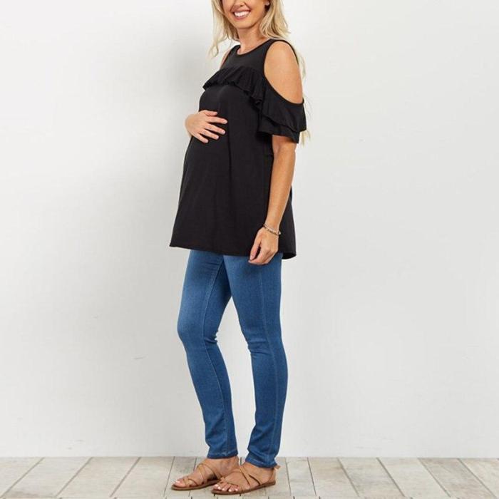 Off-the-Shoulder T-Shirt  Short Sleeve Ruffles Casual Loose Cotton Maternity Tops
