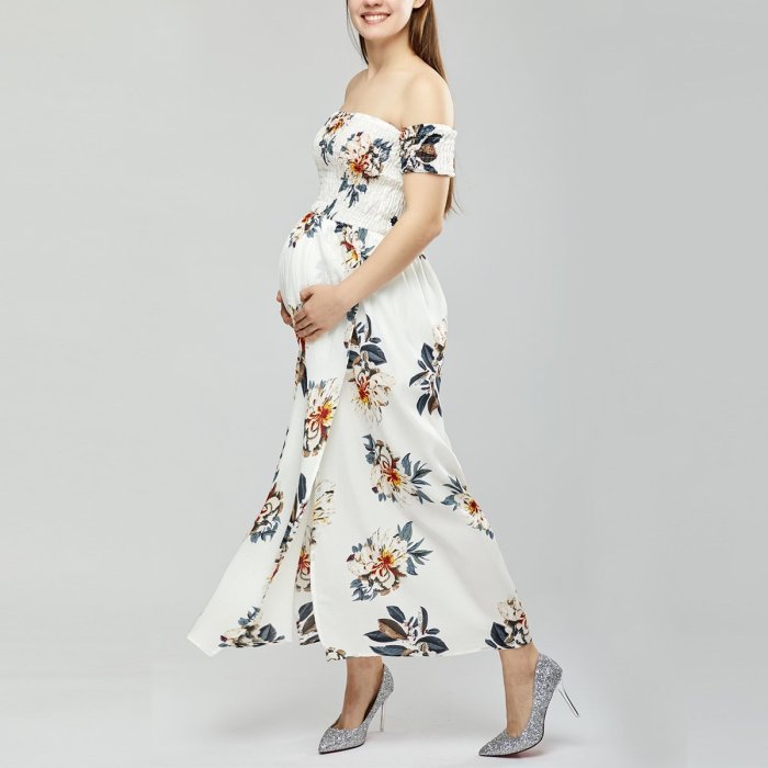 Maternity Off Shoulder  Asymmetric Hem  Floral Printed  Extra Short Sleeve Maxi Dresses