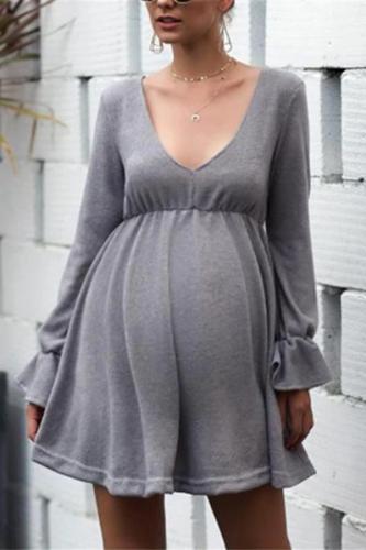 Maternity Solid Color Deep V-Neck Flared Sleeve Short Dress