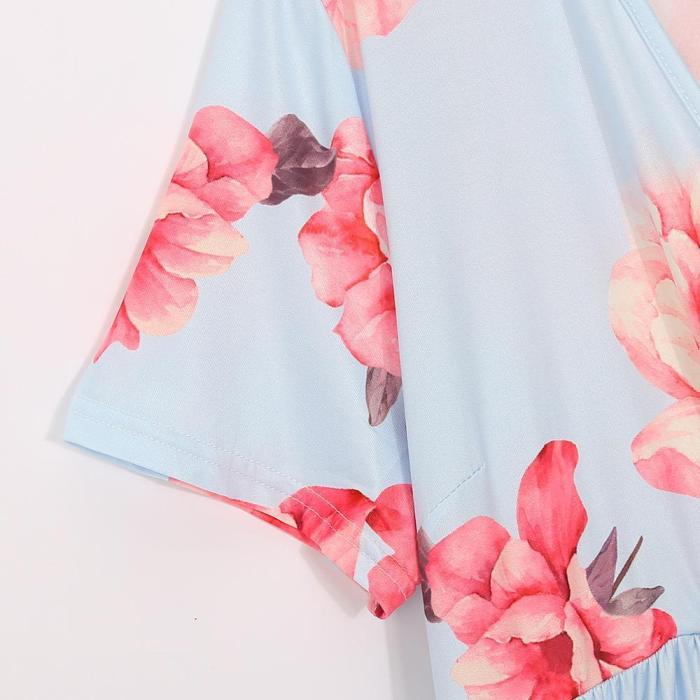 Maternity Floral Print Asymmetrical Wrap Tea-Length Dress