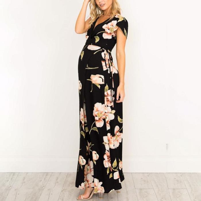 Maternity Deep V-Neck Printed Maxi Dress