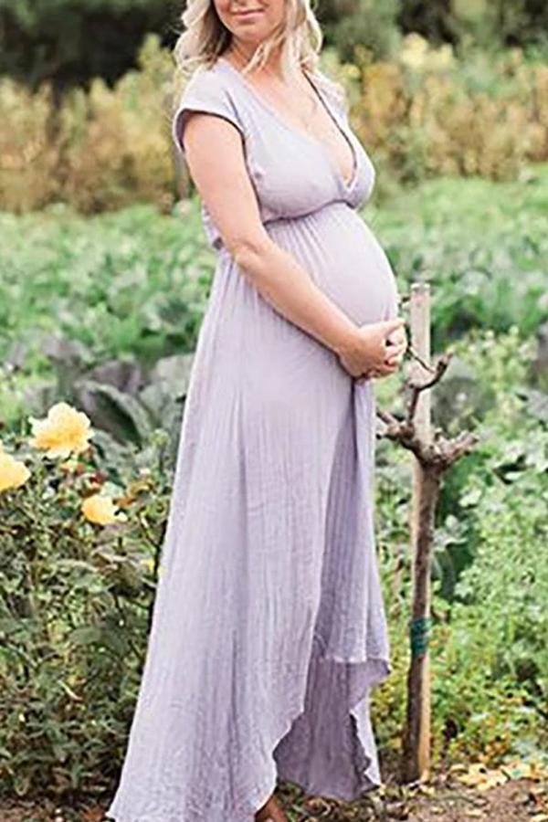 Maternity Casual V Neck Short Sleeve Maxi Dress