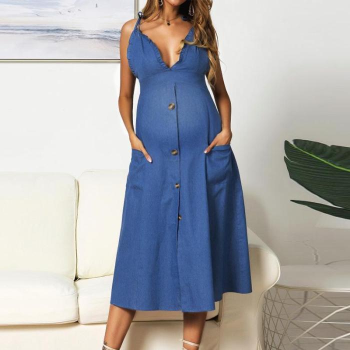 Maternity Sexy Sling Pure Color Single-Breasted Dress