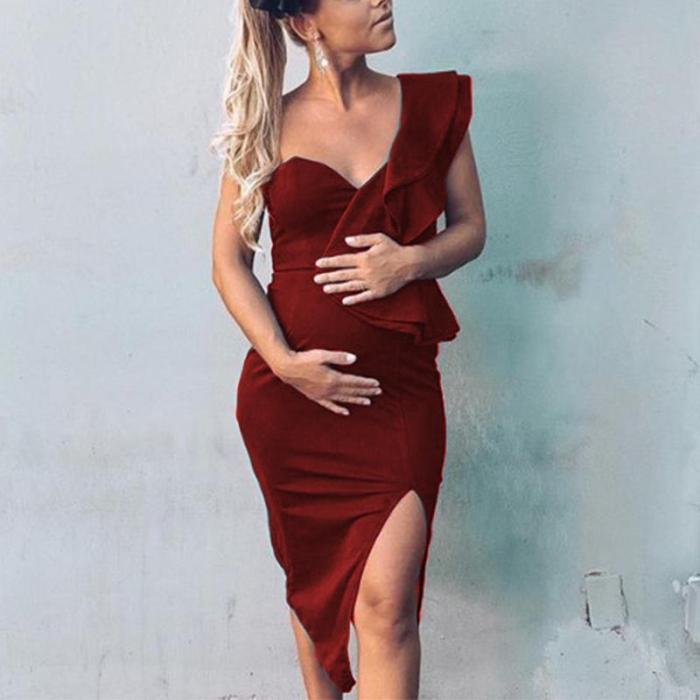 Maternity Solid Color One-Shoulder Bodycon Midi Dress