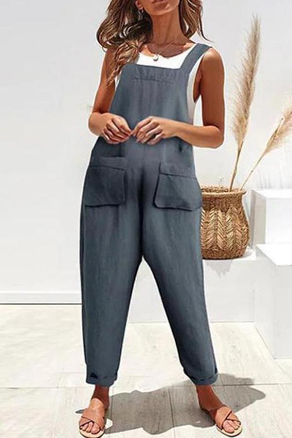 Maternity Casual Solid Pocket Cotton And Linen Suspender Jumpsuit