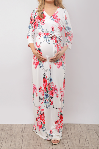 Maternity Floral Print Surplice Wrap Self Tie Maxi Dress