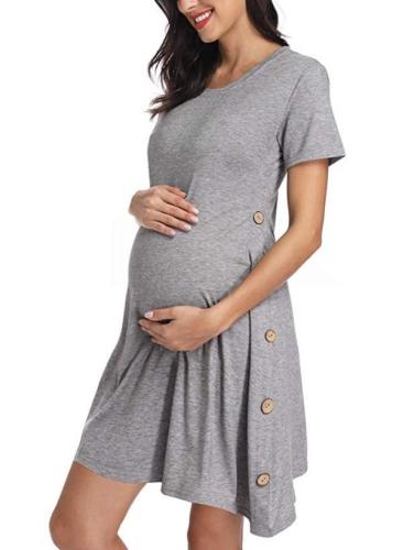 New Pregnant Women' Short Sleeve Button Solid Color Dress