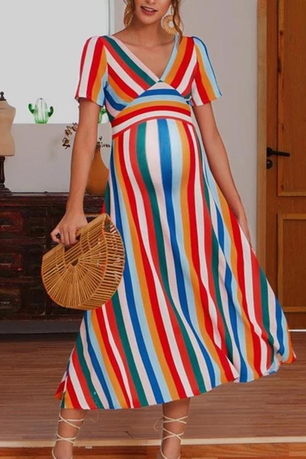 Maternity V-Collar Color Rainbow Striped Zipper Dress