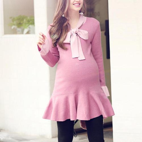 Maternity Ruffle Bow Long Sleeve Sweater Dress