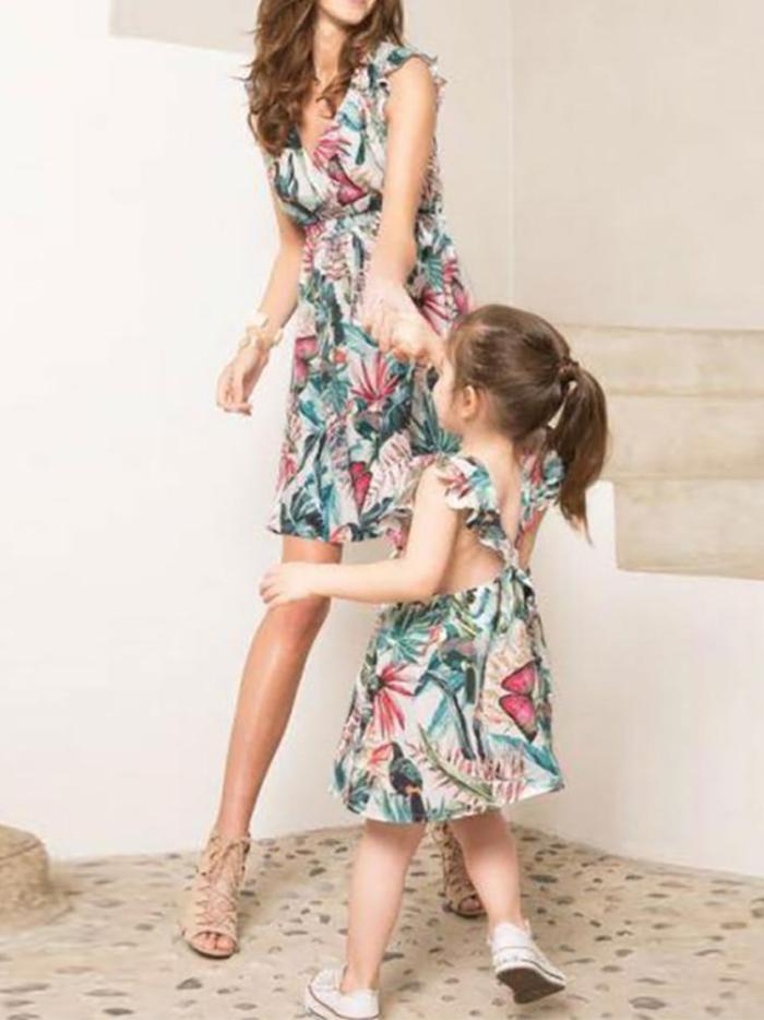 Parent-child Printed Colour Sleeveless Dress