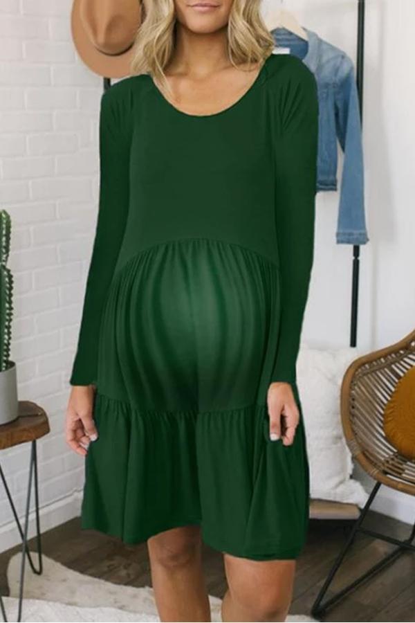 Maternity Cotton  Round Neck Long Sleeve Dress