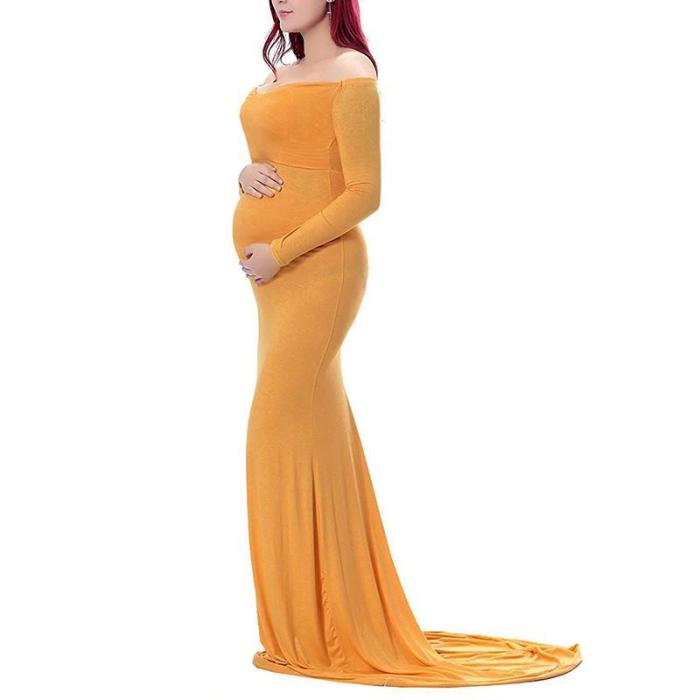 Maternity Pure Color Elegant Off Shoulder Long Sleeve Dress