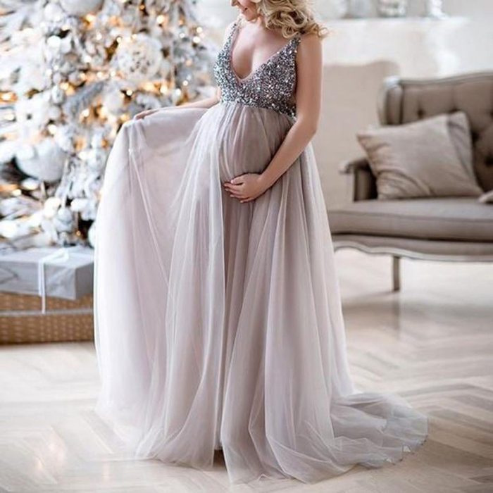 Glitter Sequins Chiffon Maternity Ladies V-Neck Sleeveless  Photoshoot Gowns