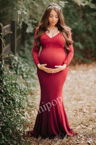 Long-sleeved Lace Spell Pregnant Woman Sexy Loose  Photoshoot Gowns  Dress