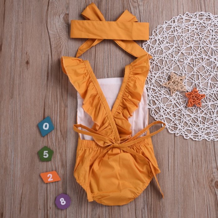 Childrenswear Lace Romper + Bow Headscarf a-Piece Suit