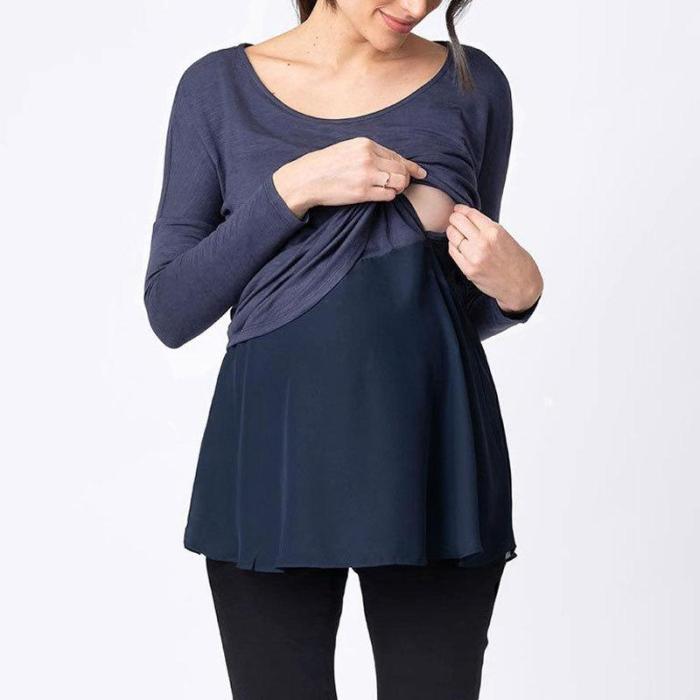 Pregnant Women Breast-feeding in Autumn and Winter Leave Two Solid Color Long-sleeved Tops