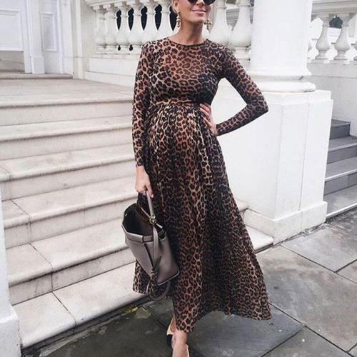 Fashion Leopard Print Pregnancy Dress Photography Props  Long Sleeve Maternity Dress