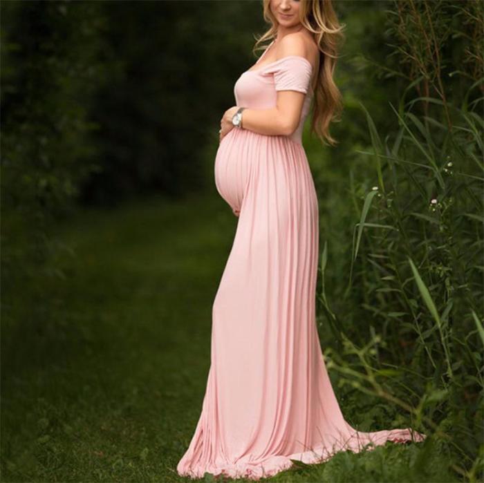 Maternity Sexy High Slit Pure Color Off Shoulder Dress