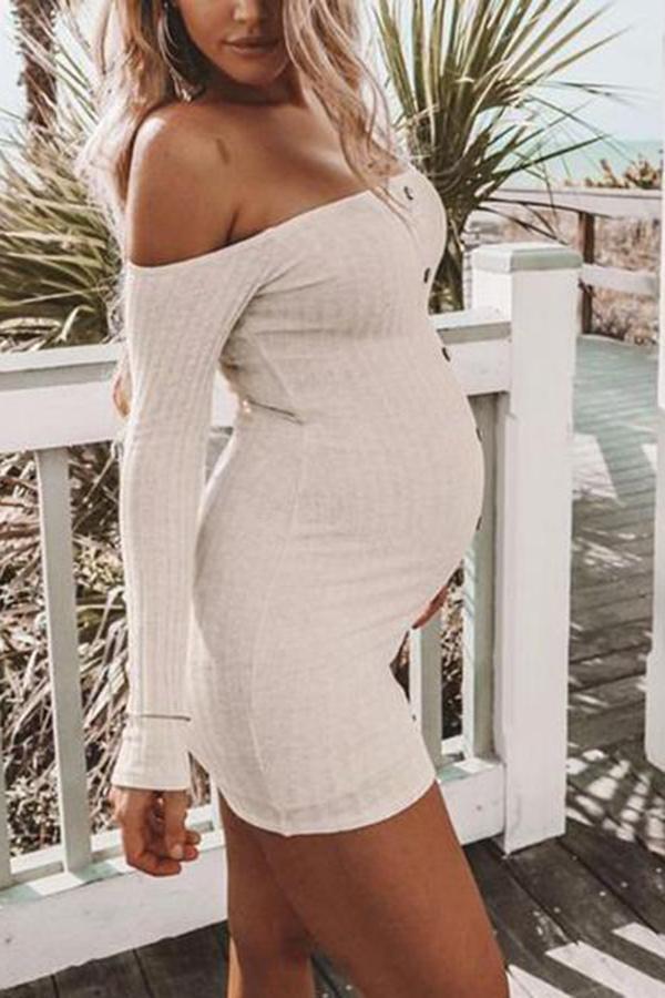 Button One Shoulder Solid Color Maternity Dress