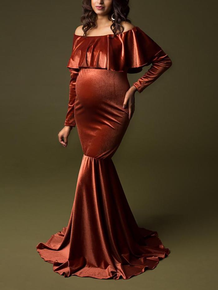 Maternity Elegant Pure Color Off Shoulder Layered Dress
