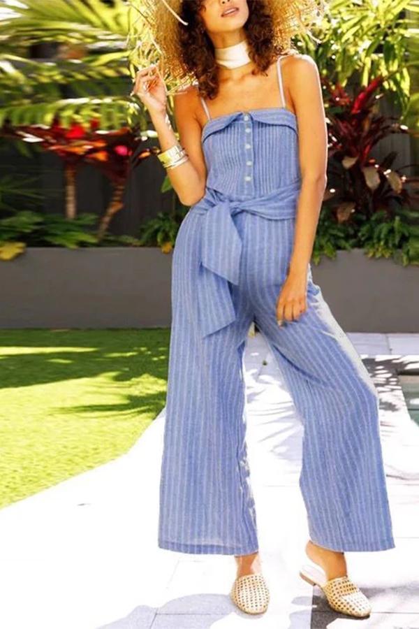 Maternity Casual Striped Single-Breasted Sling Belted Jumpsuit