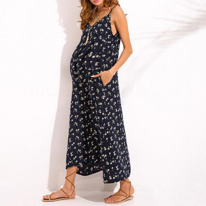 Maternity Floral Print Condole Belt V-Neck Maxi Dress