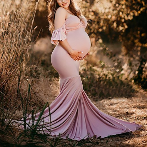 Maternity Off Shoulder Pure Color Ruffled Dress