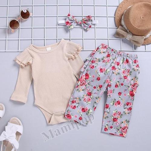Baby Girl  Beige Tops Flower Trousers and Bow Headband Three-Piece Suit