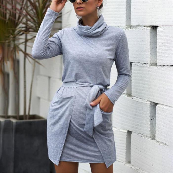 Maternity Solid Color Pile Collar Long Sleeve Casual Dress