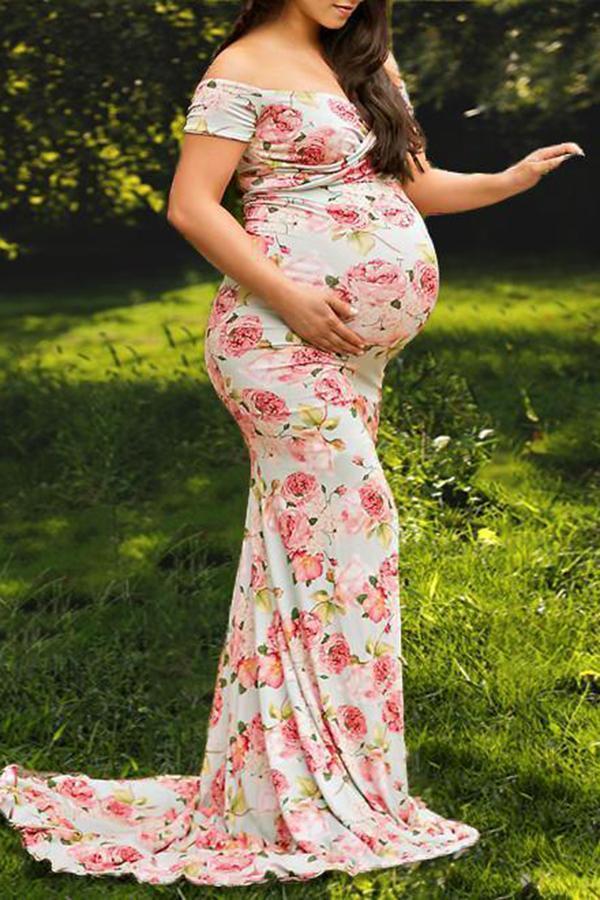Floral Print Off Shoulder Maternity Photoshoot Gowns  Dress