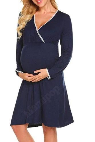New women's V-neck long-sleeved lace stitched lace maternity dress