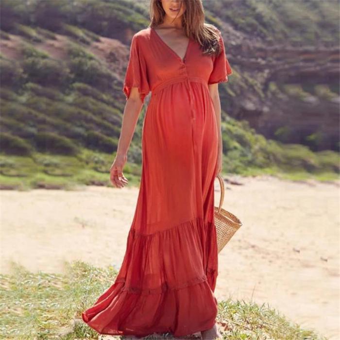 Maternity Casual V-neck Pure Color Short-sleeved Dress