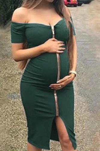 Maternity Solid Color Off Shoulder Zipper Skirt