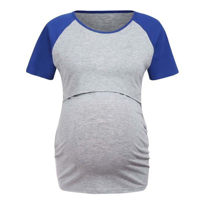 Nursing Top Women Summer Short Sleeve Patchwork Breastfeeding Loose T Shirt