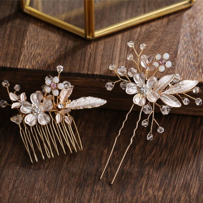 2 Pcs Women Hairpins Golden Leaf Flower Wedding Hair Accessories