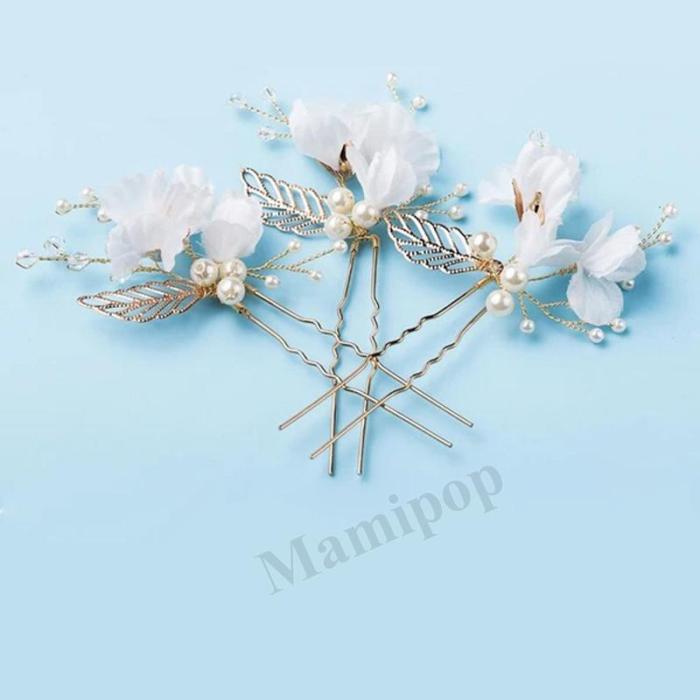 White Flower Hair Pins Gold Leaves Pearl Hair Stick Wedding Bridal Hair Accessories