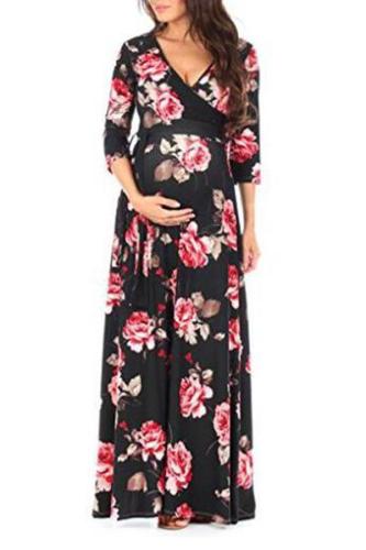 Maternity Flowers Print Full Length Dress With Adjustable Belt