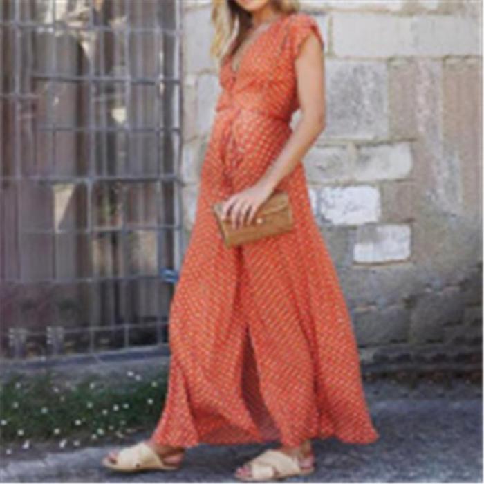 Maternity Casual Ankle-Length V Neck Irregular Polka Dot Dress